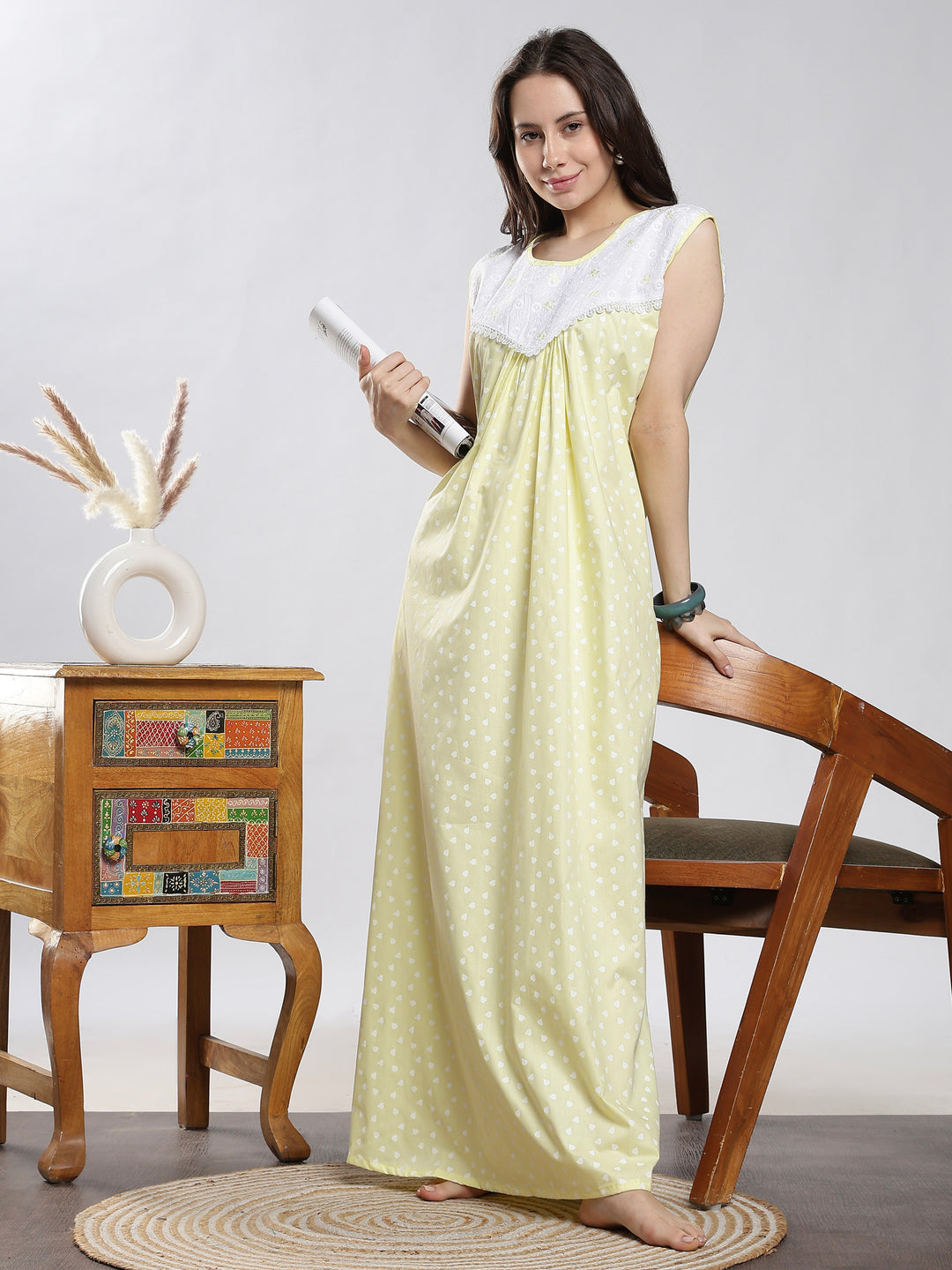 Pure Cotton Heart Print Sleeveless Nighty with Embroidered Yoke