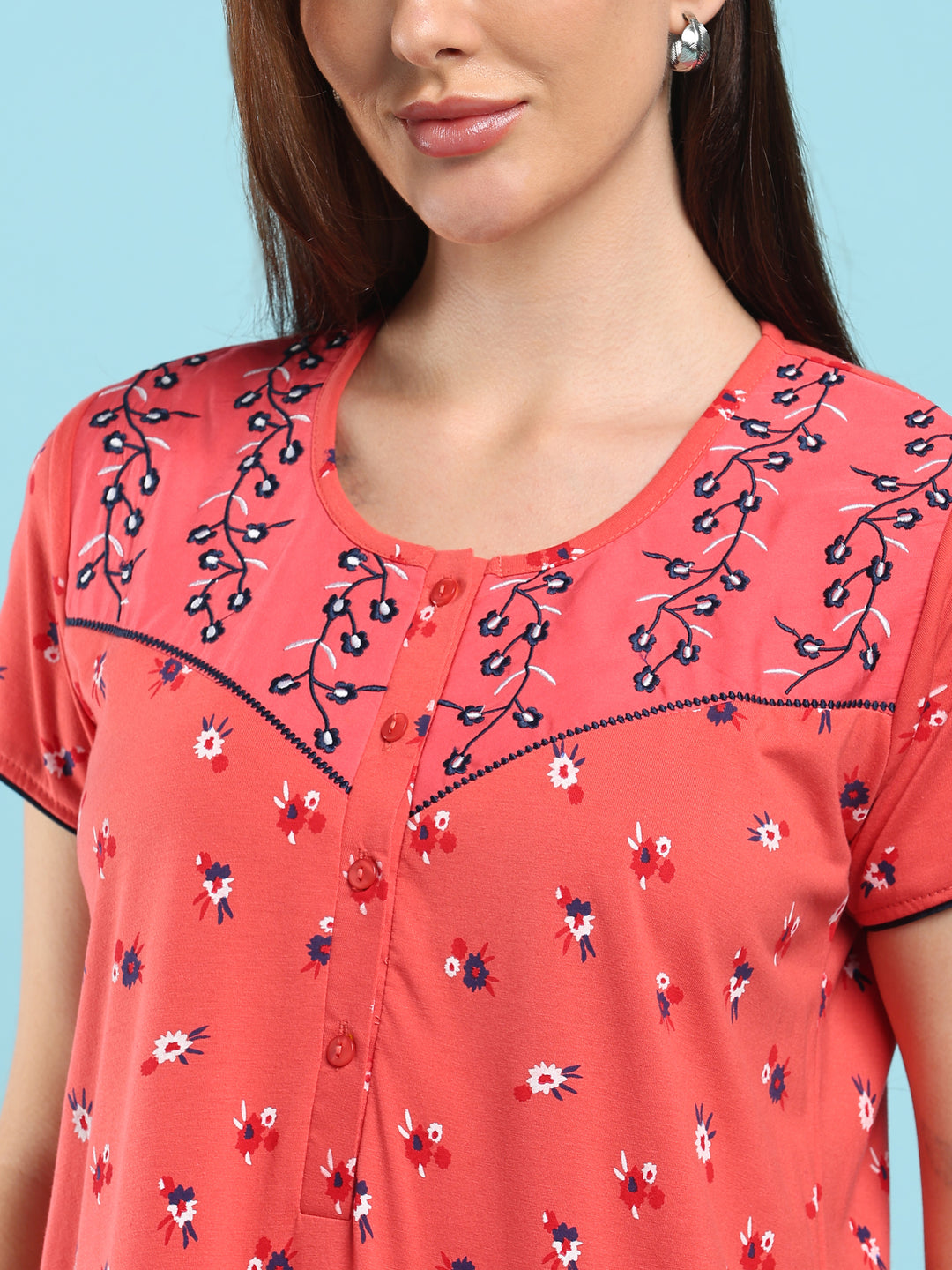 Dark Peach Floral Cotton Blend Designer Nighty for Women