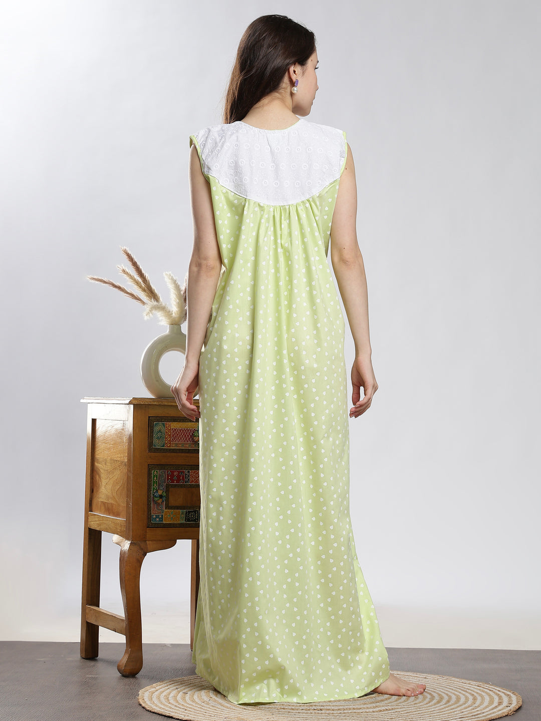 Saheli Pure Cotton Sleeveless Pleated Nighty for Women Heart Mint