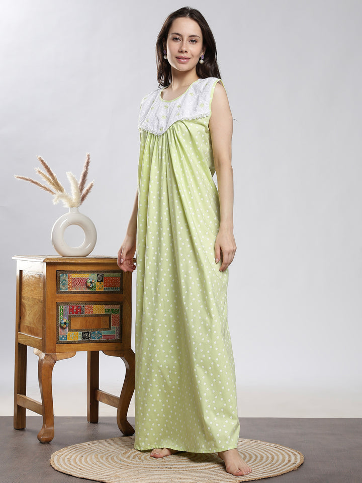 Saheli Pure Cotton Sleeveless Pleated Nighty for Women Heart Mint
