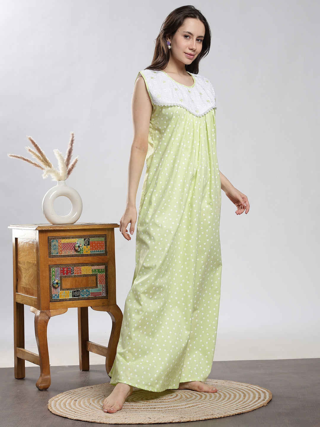 Saheli Pure Cotton Sleeveless Pleated Nighty for Women Heart Mint