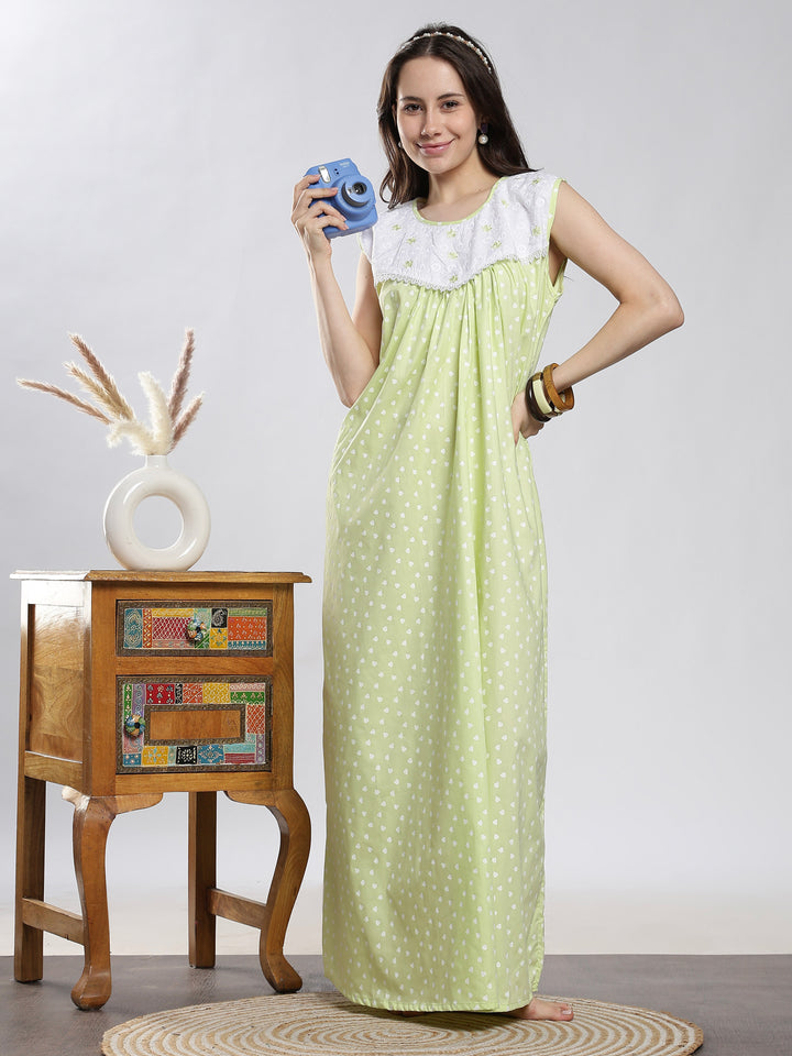Saheli Pure Cotton Sleeveless Pleated Nighty for Women Heart Mint