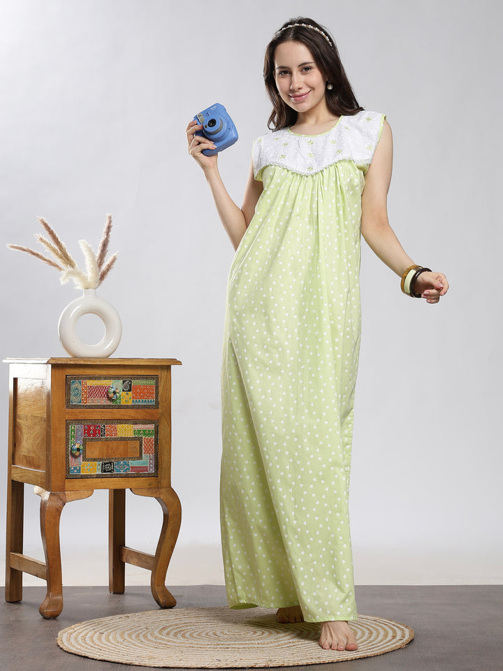 Saheli Pure Cotton Sleeveless Pleated Nighty for Women Heart Mint