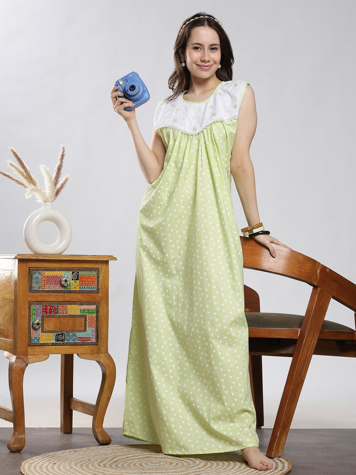 Saheli Pure Cotton Sleeveless Pleated Nighty for Women Heart Mint