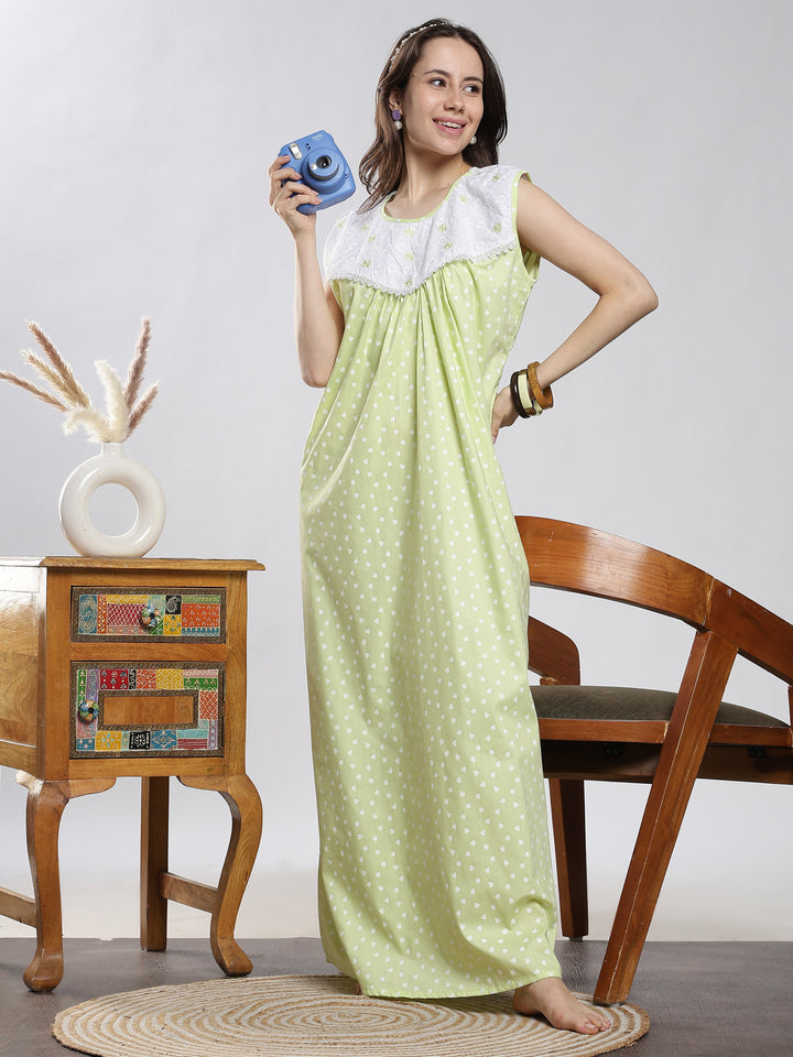 Saheli Pure Cotton Sleeveless Pleated Nighty for Women Heart Mint