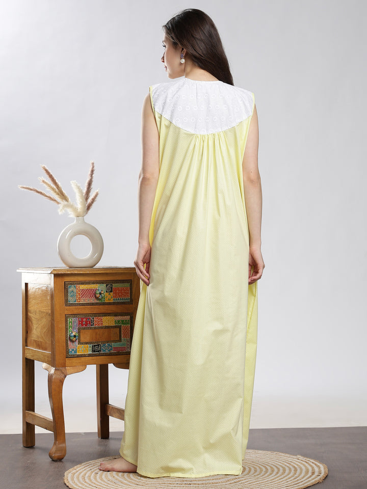 Saheli Pure Cotton Sleeveless Pleated Nighty for Women Polka Yellow
