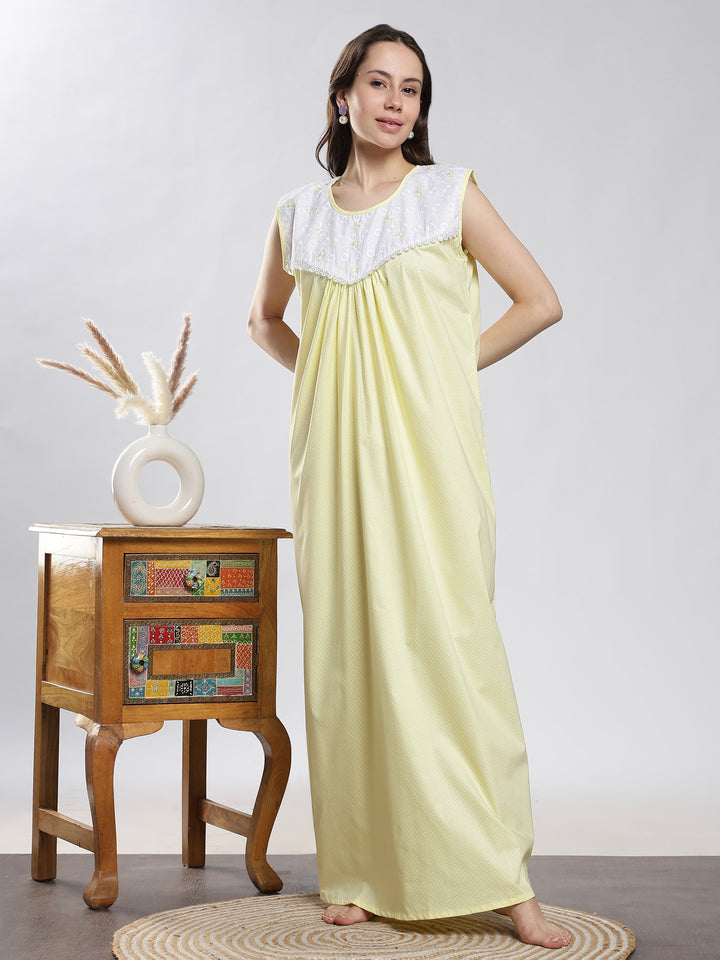 Saheli Pure Cotton Sleeveless Pleated Nighty for Women Polka Yellow