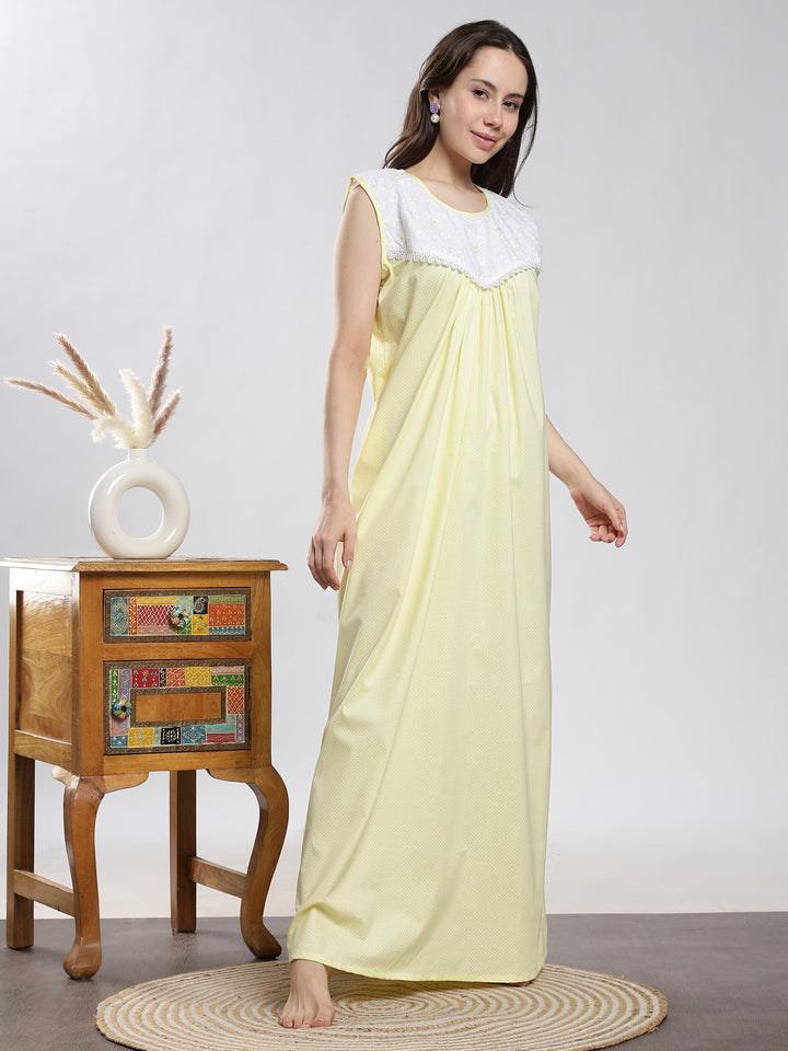 Saheli Pure Cotton Sleeveless Pleated Nighty for Women Polka Yellow