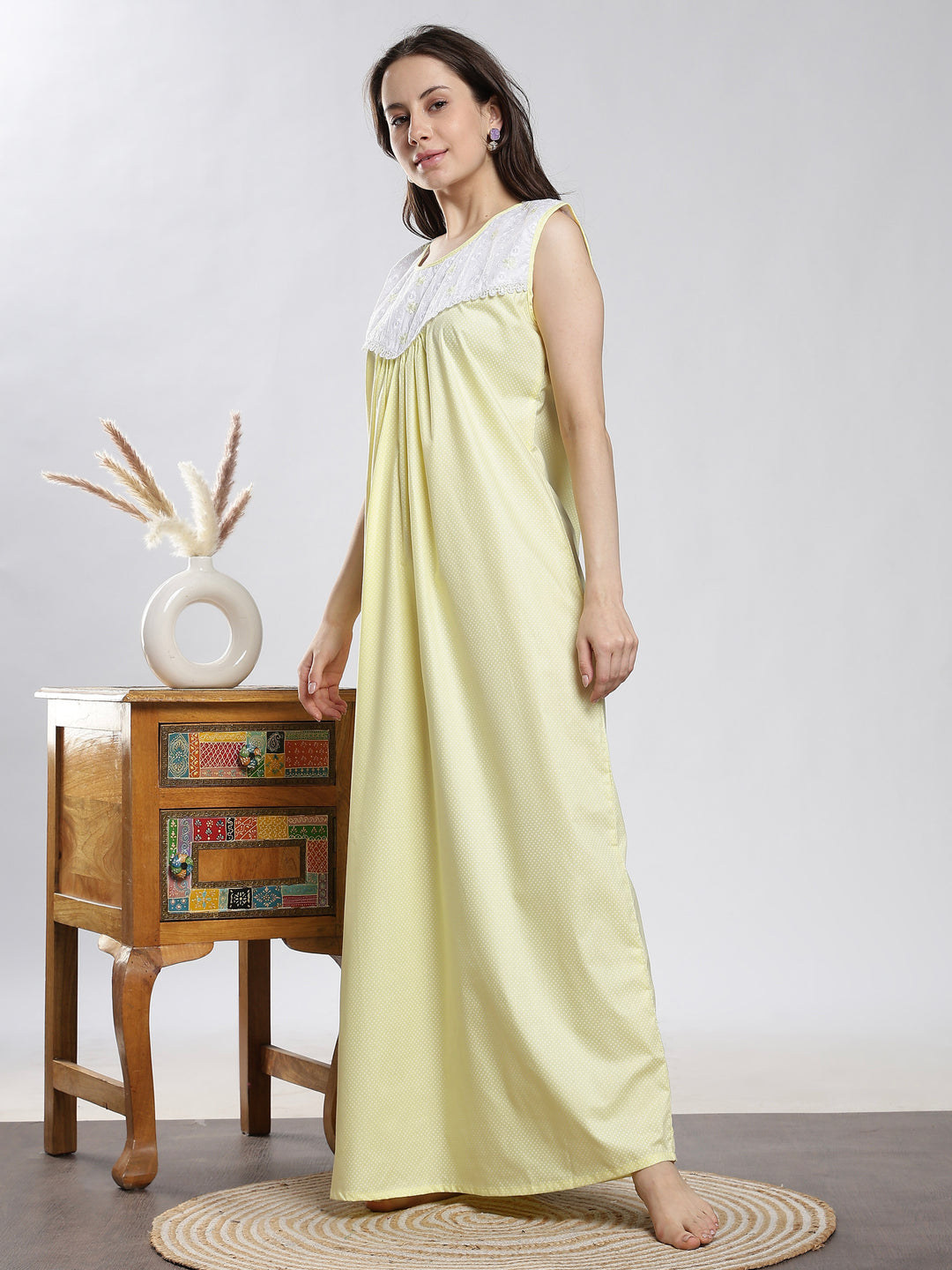 Saheli Pure Cotton Sleeveless Pleated Nighty for Women Polka Yellow