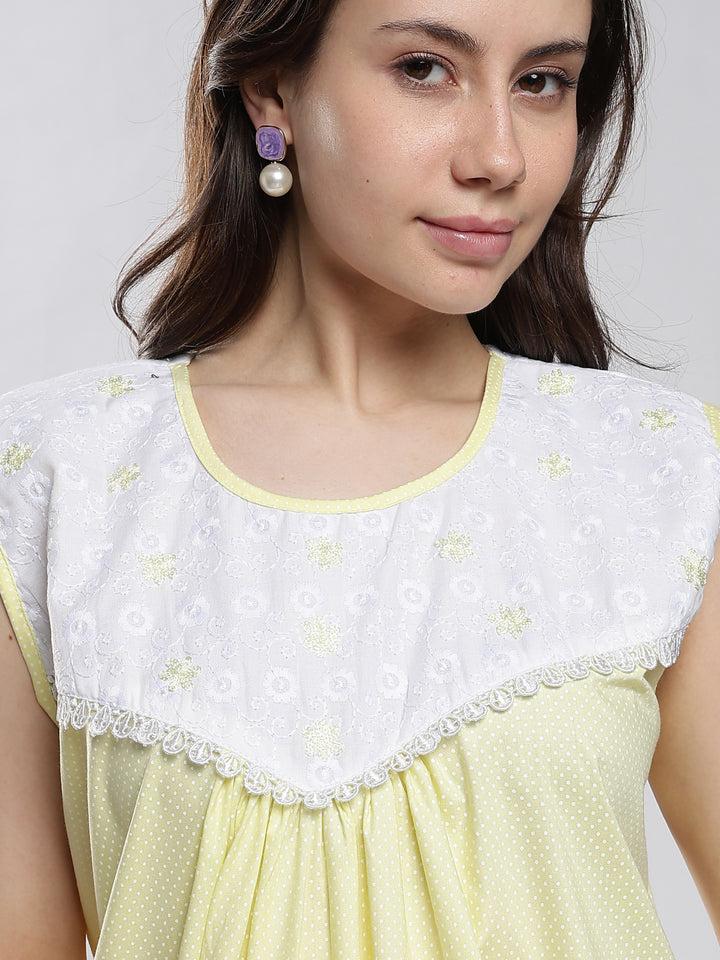 Saheli Pure Cotton Sleeveless Pleated Nighty for Women Polka Yellow