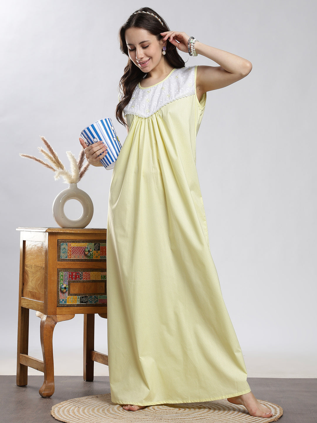 Saheli Pure Cotton Sleeveless Pleated Nighty for Women Polka Yellow