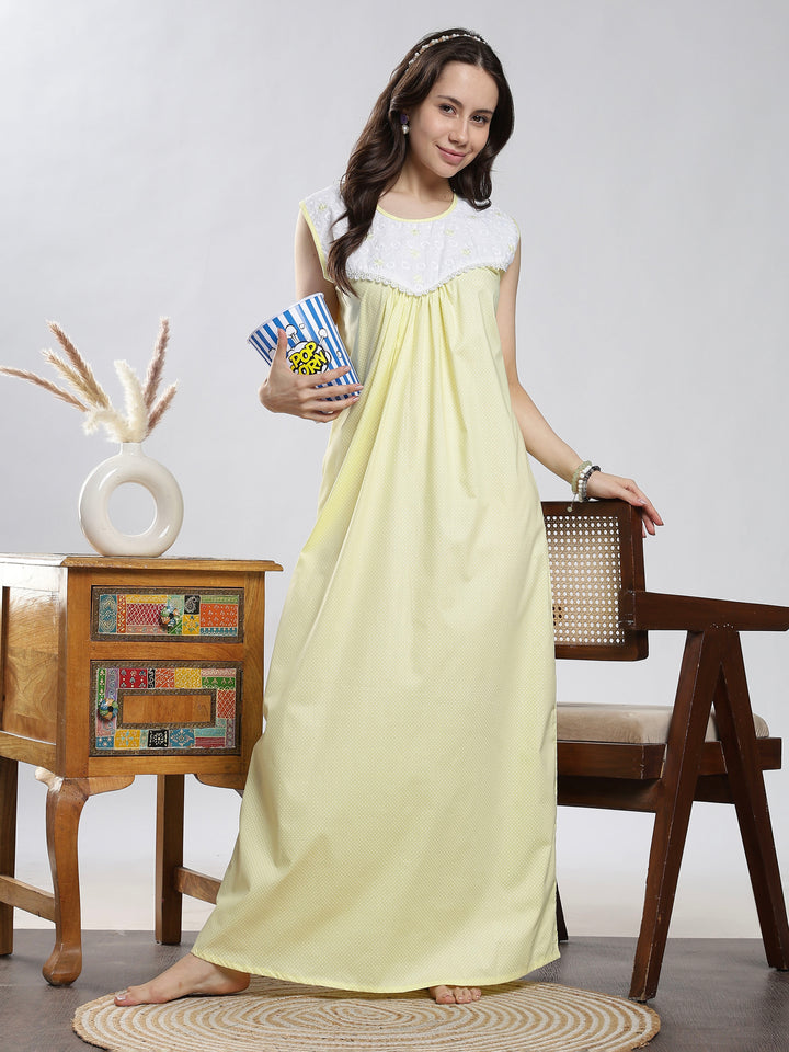 Saheli Pure Cotton Sleeveless Pleated Nighty for Women Polka Yellow