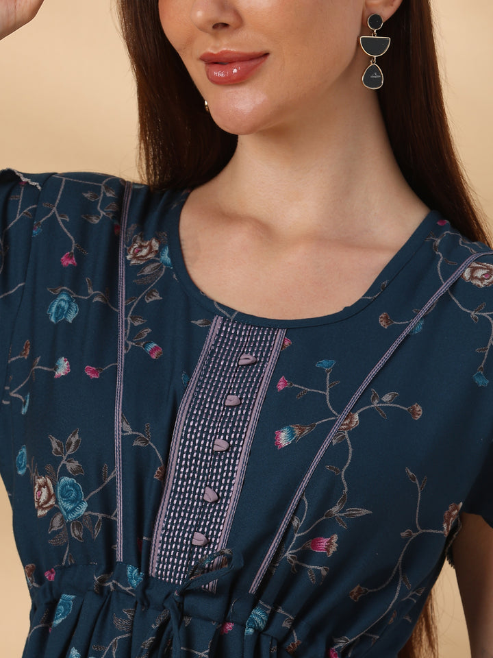 Floret Teal Alpine Designer Nighty for Women with Frock Fit