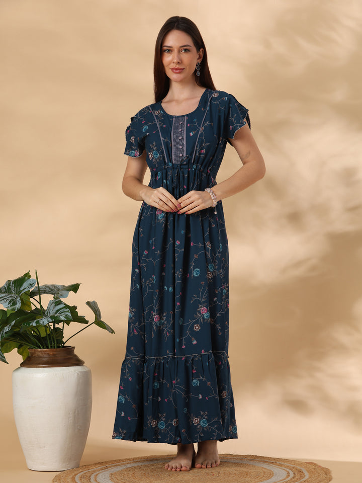 Floret Teal Alpine Designer Nighty for Women with Frock Fit