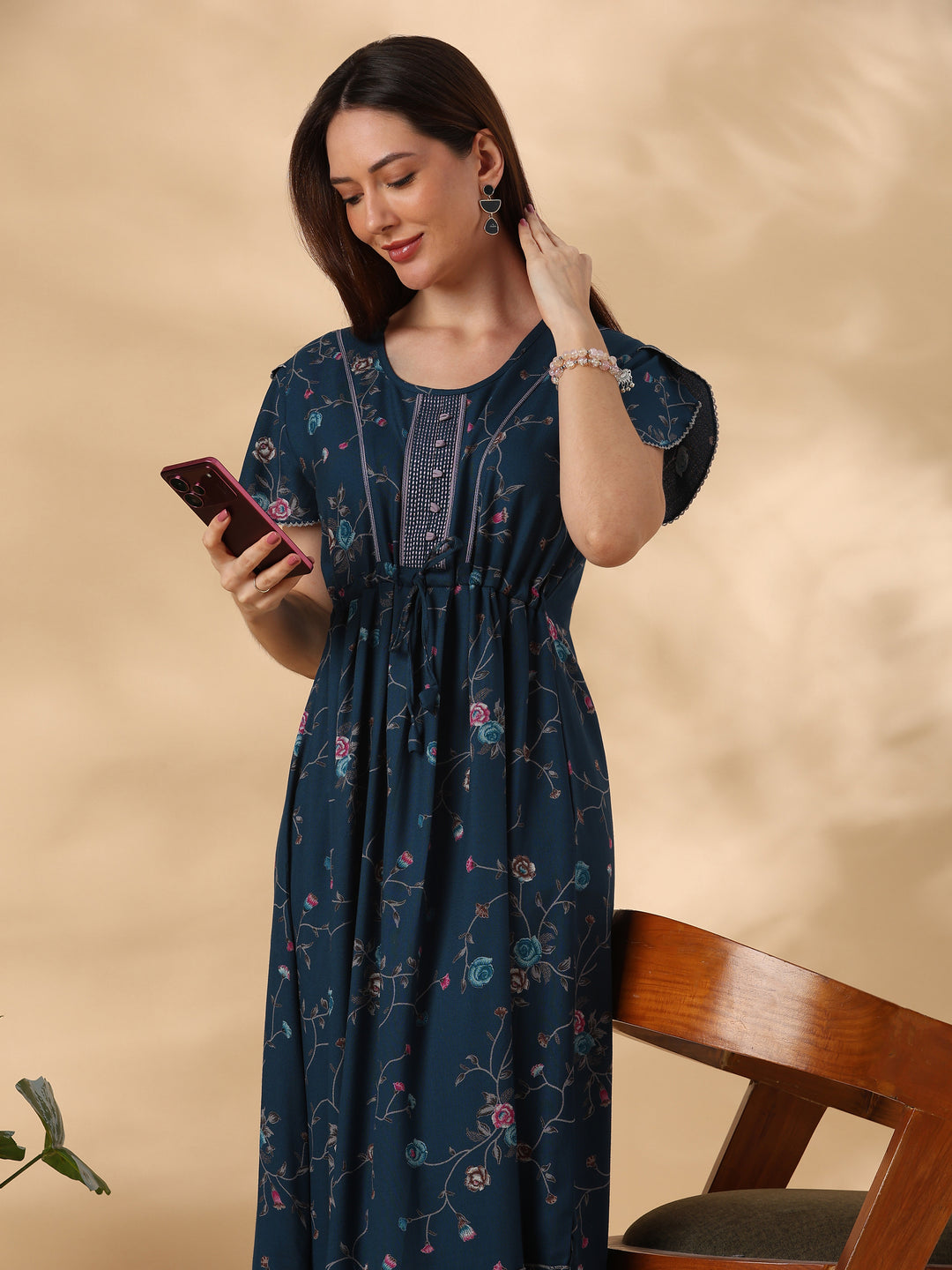 Floret Teal Alpine Designer Nighty for Women with Frock Fit