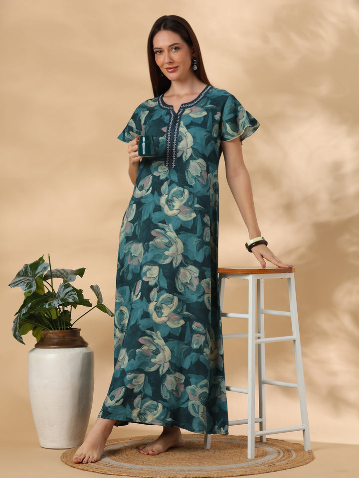 Petal Teal Floral Print Designer Nighty for Women Soft Fit