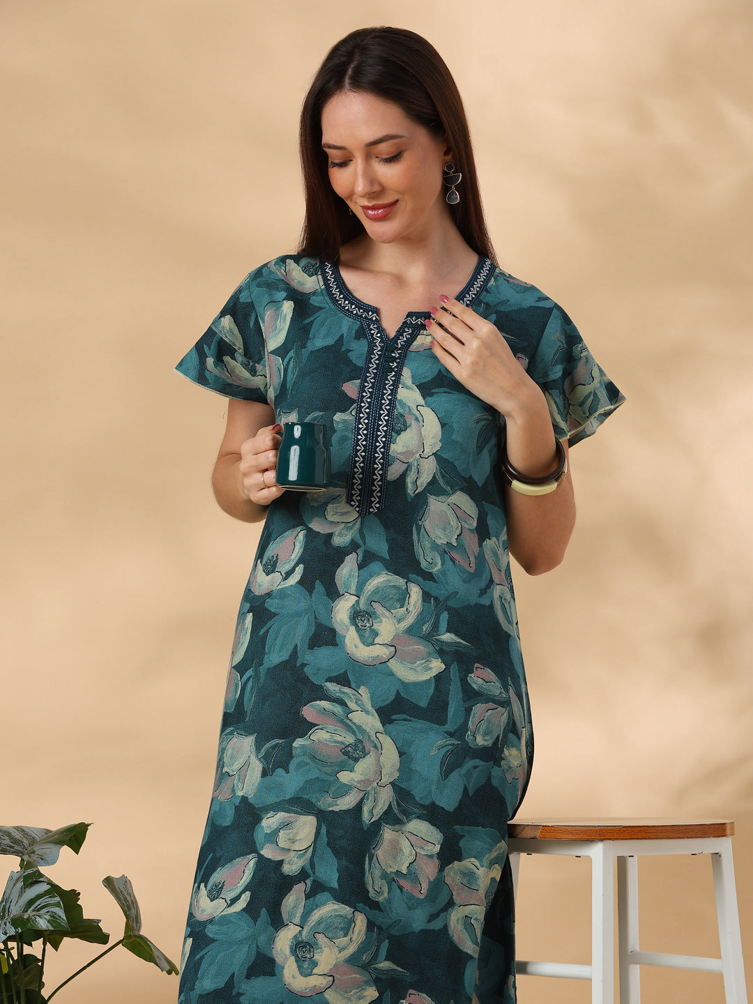 Petal Teal Floral Print Designer Nighty for Women Soft Fit