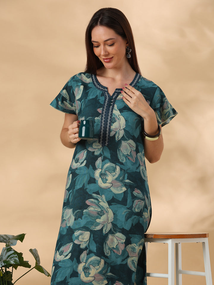 Petal Teal Floral Print Designer Nighty for Women Soft Fit