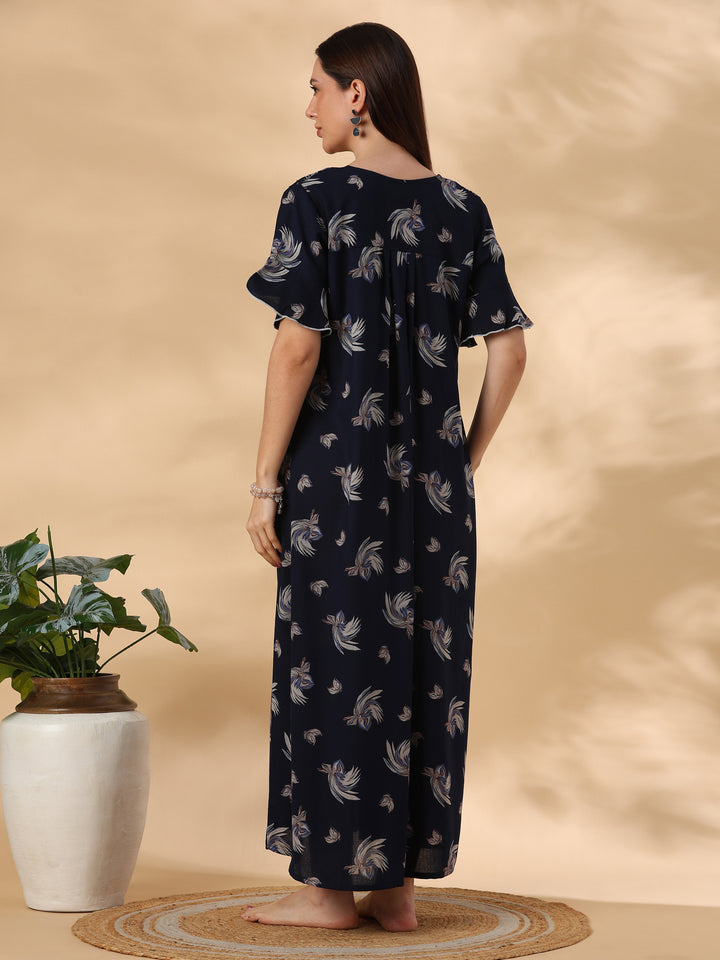 Floret Navy Floral Pleated Designer Nighty for Women