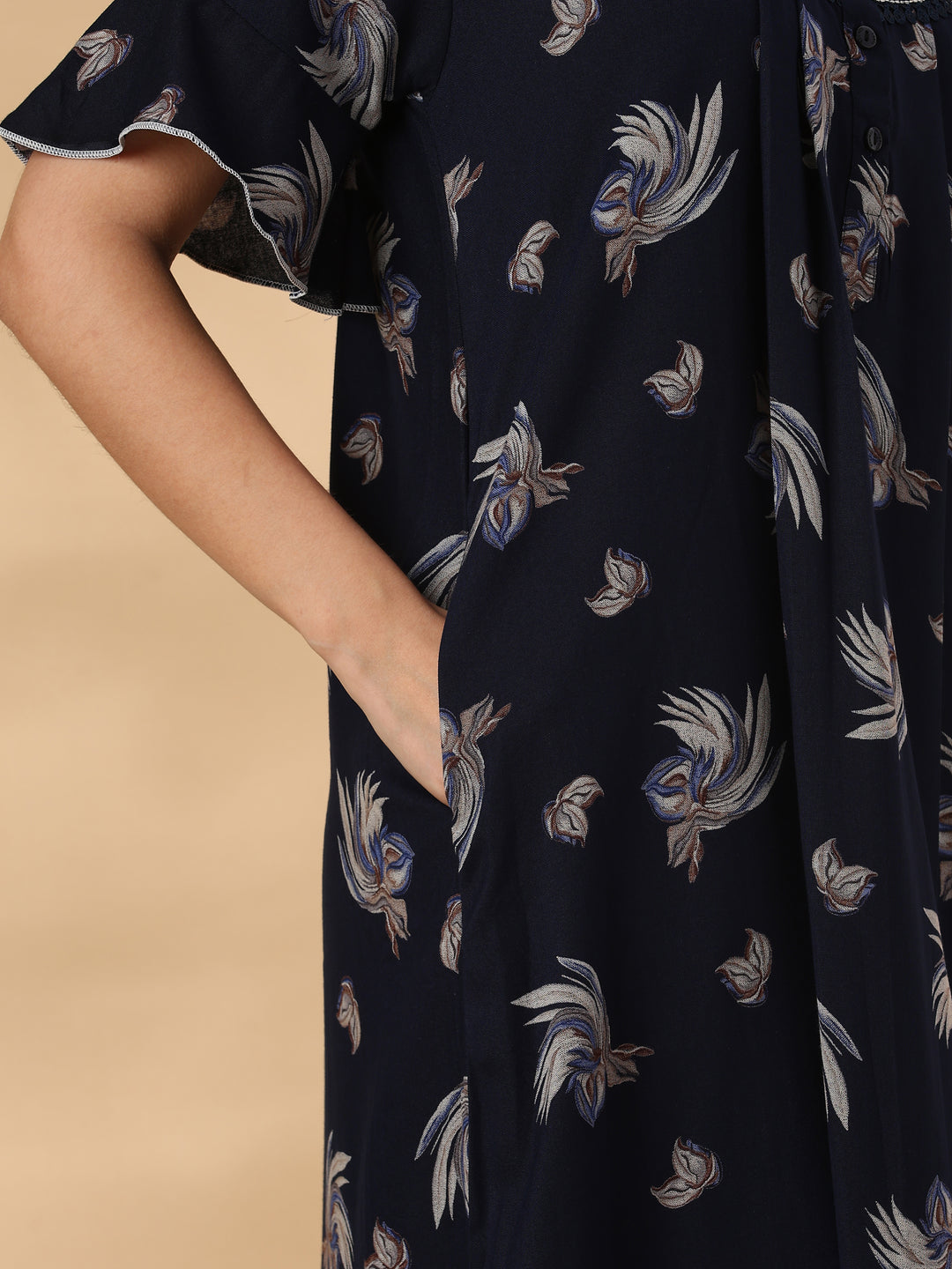 Floret Navy Floral Pleated Designer Nighty for Women