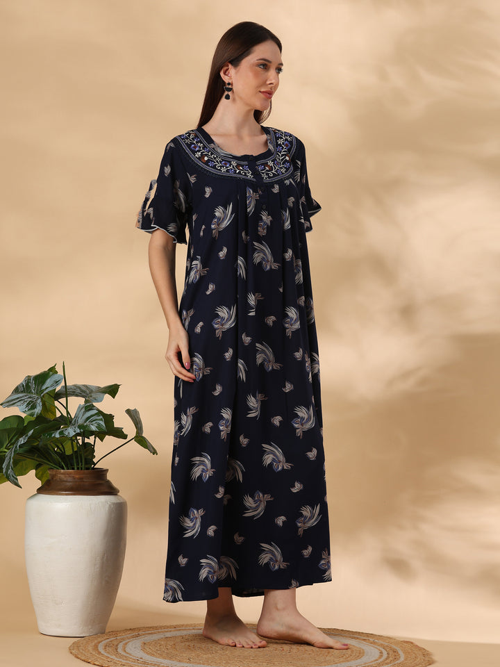 Floret Navy Floral Pleated Designer Nighty for Women