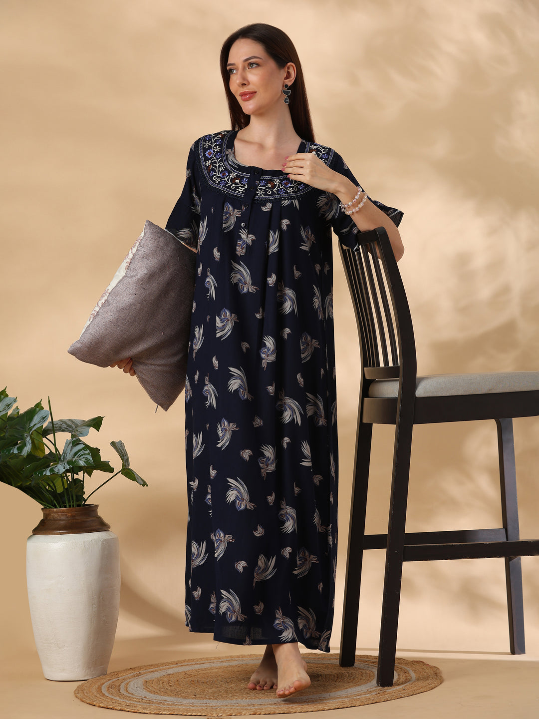 Floret Navy Floral Pleated Designer Nighty for Women