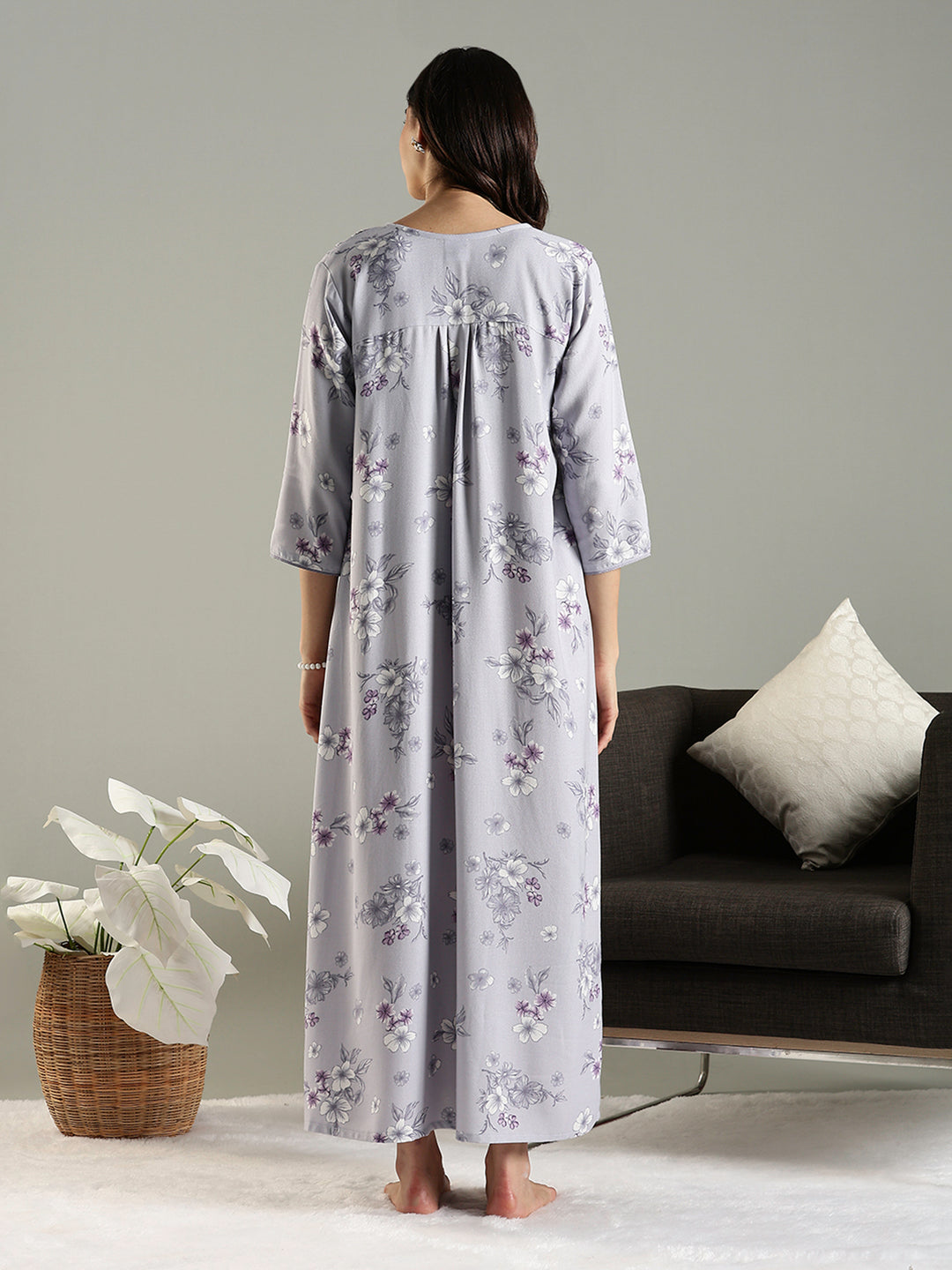 Lavender Blush Alpine Embroidered Floral Nighty with Pocket