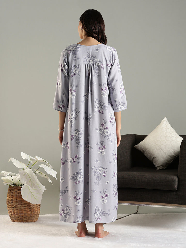Lavender Blush Alpine Embroidered Floral Nighty with Pocket