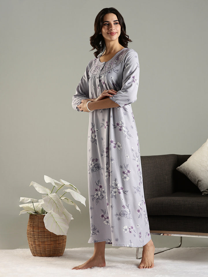 Lavender Blush Alpine Embroidered Floral Nighty with Pocket