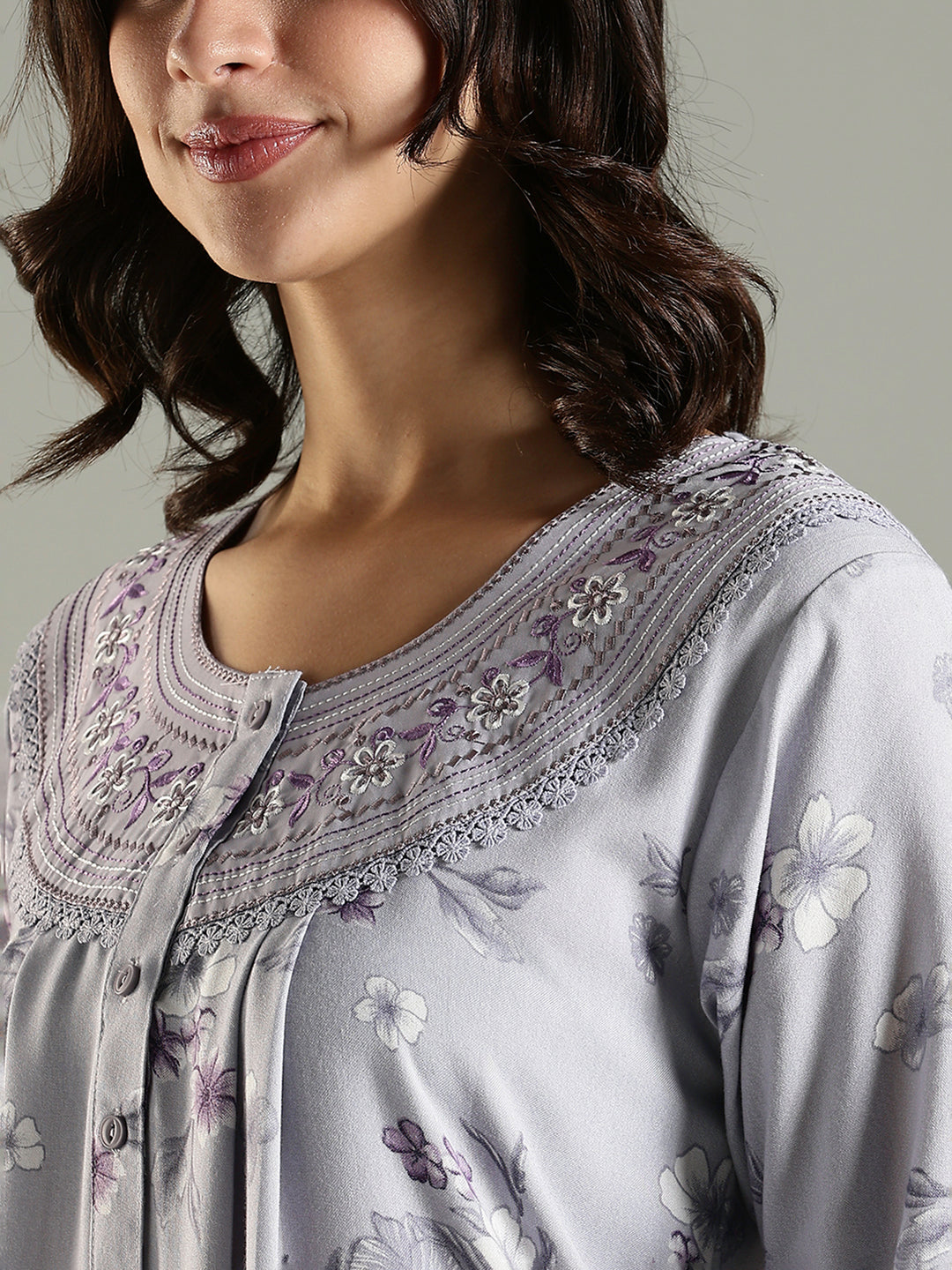 Lavender Blush Alpine Embroidered Floral Nighty with Pocket