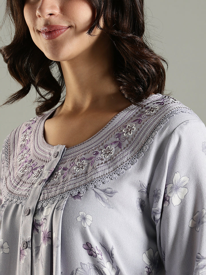 Lavender Blush Alpine Embroidered Floral Nighty with Pocket