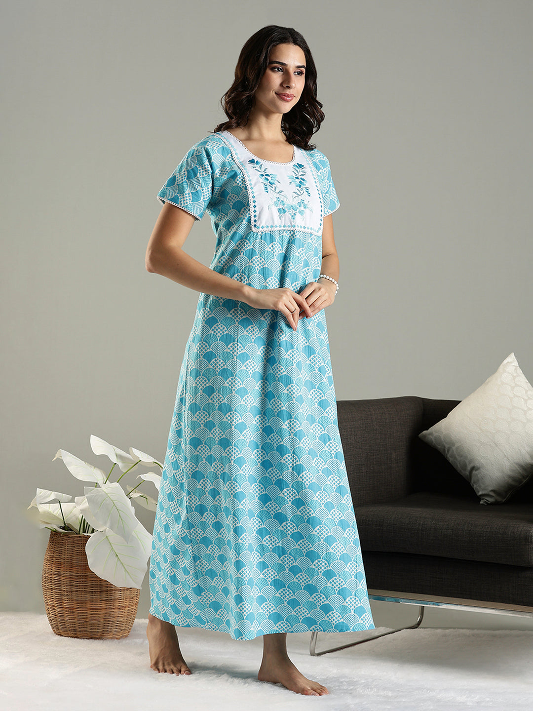 Blue Cotton Embroidered Nighty with Pocket and Lace Finish