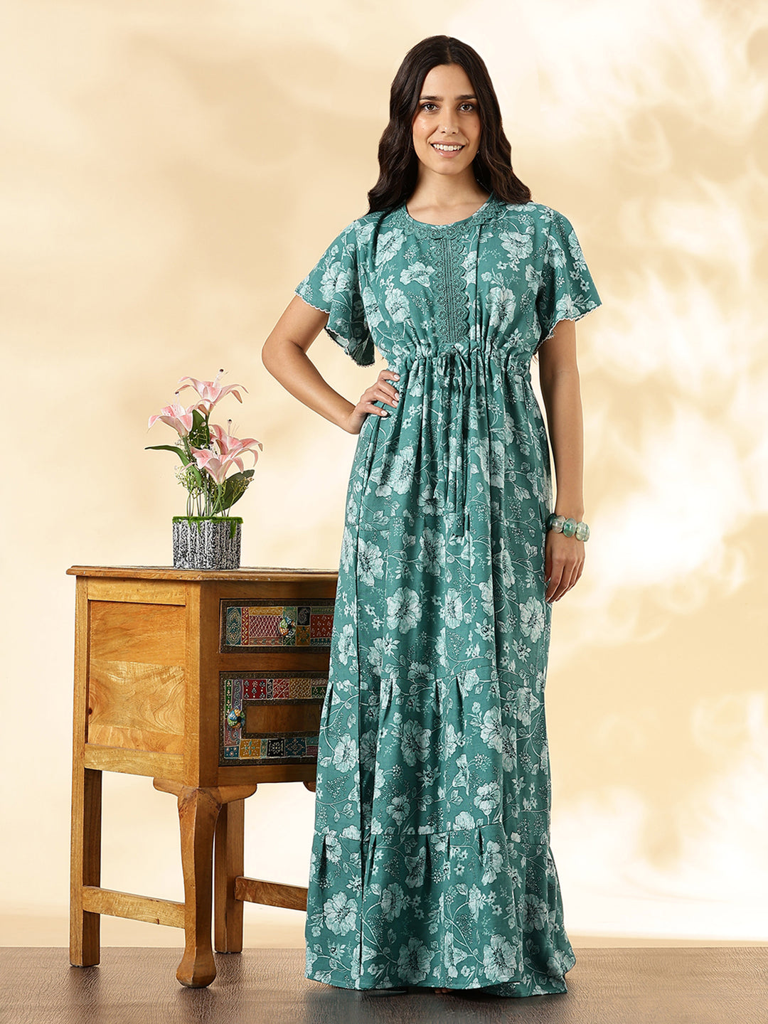 Aqua Lake Floral Alpine Nighty with Drawstring Waist & Side Pocket