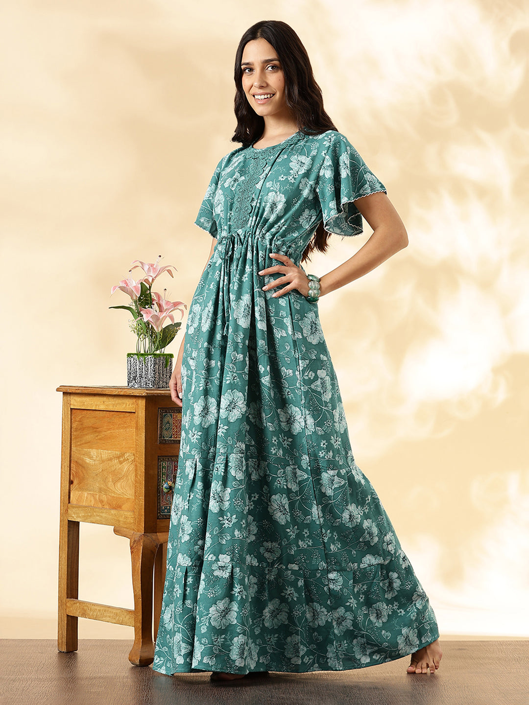 Aqua Lake Floral Alpine Nighty with Drawstring Waist & Side Pocket
