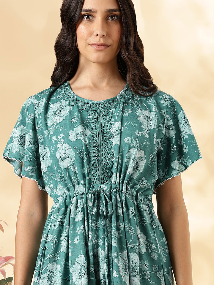 Aqua Lake Floral Alpine Nighty with Drawstring Waist & Side Pocket