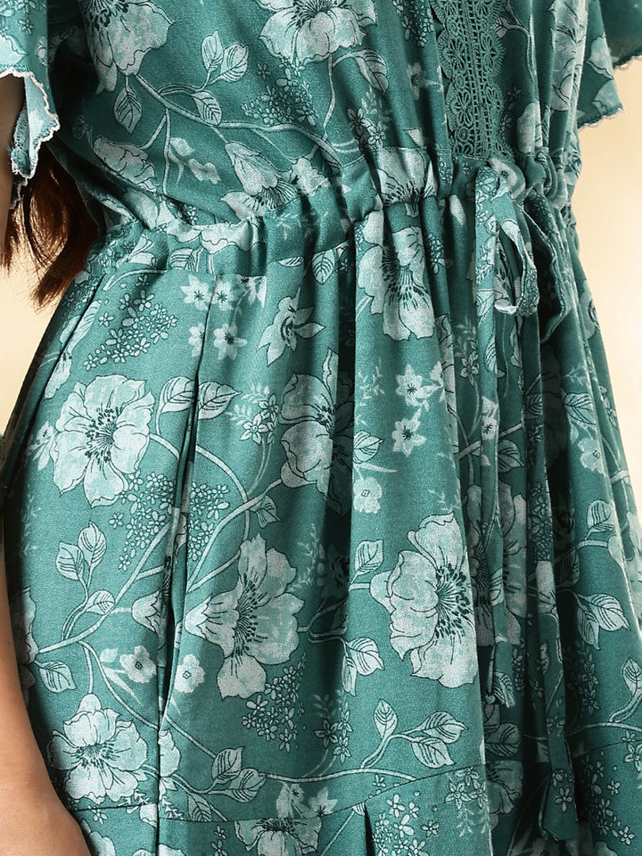 Aqua Lake Floral Alpine Nighty with Drawstring Waist & Side Pocket