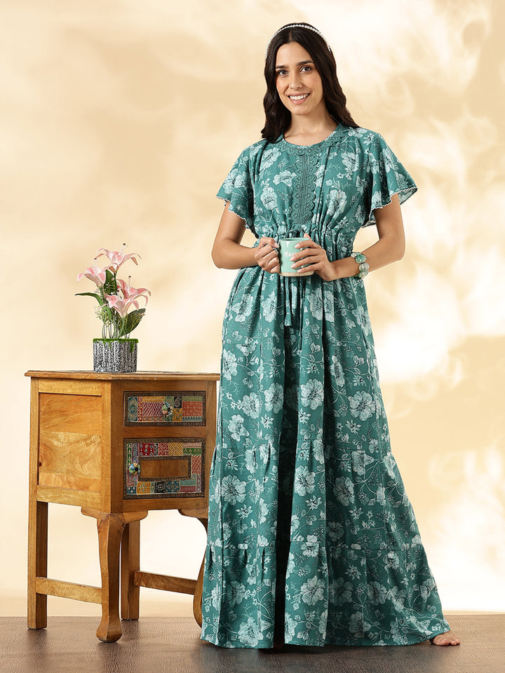 Aqua Lake Floral Alpine Nighty with Drawstring Waist & Side Pocket