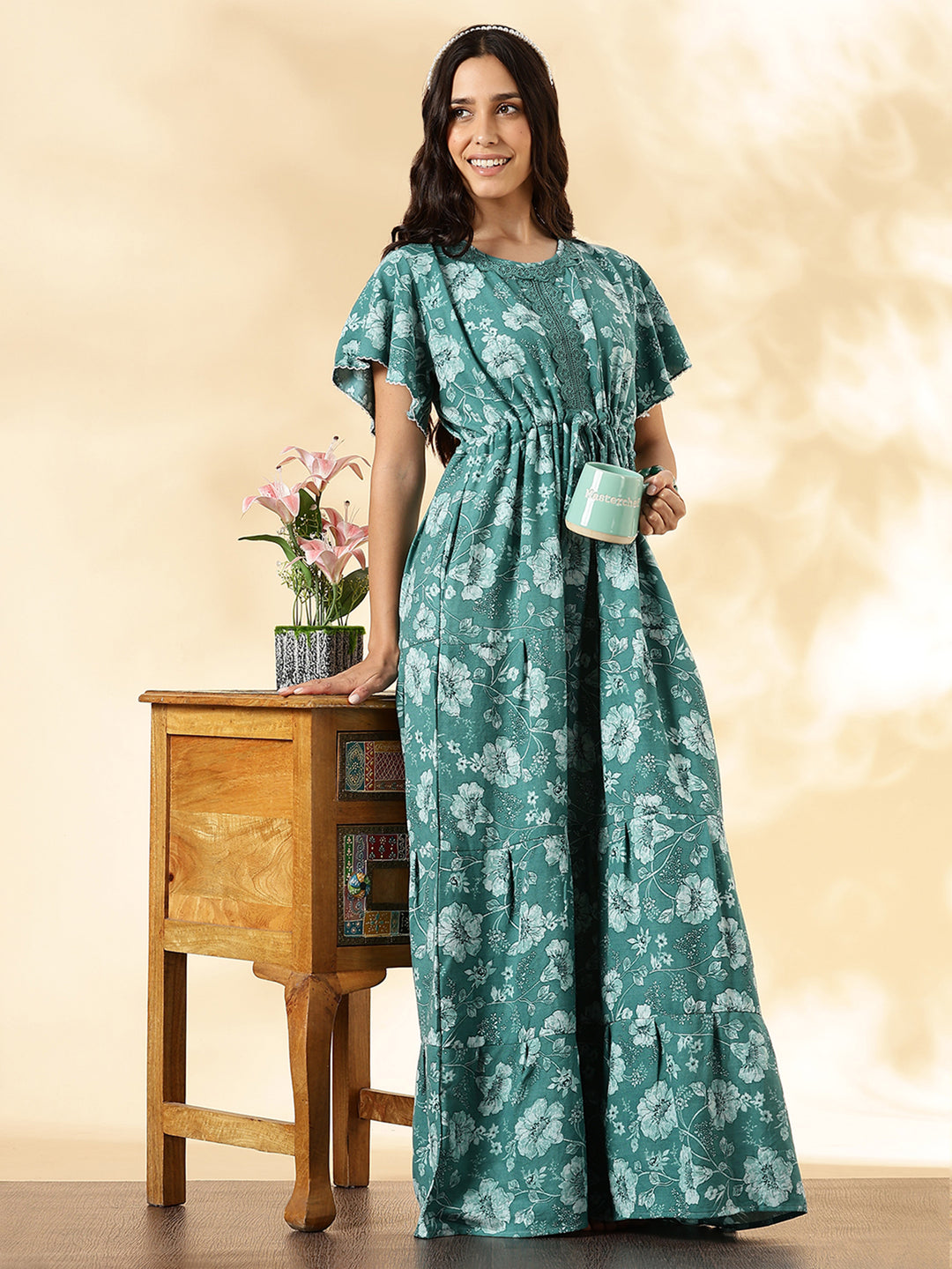 Aqua Lake Floral Alpine Nighty with Drawstring Waist & Side Pocket
