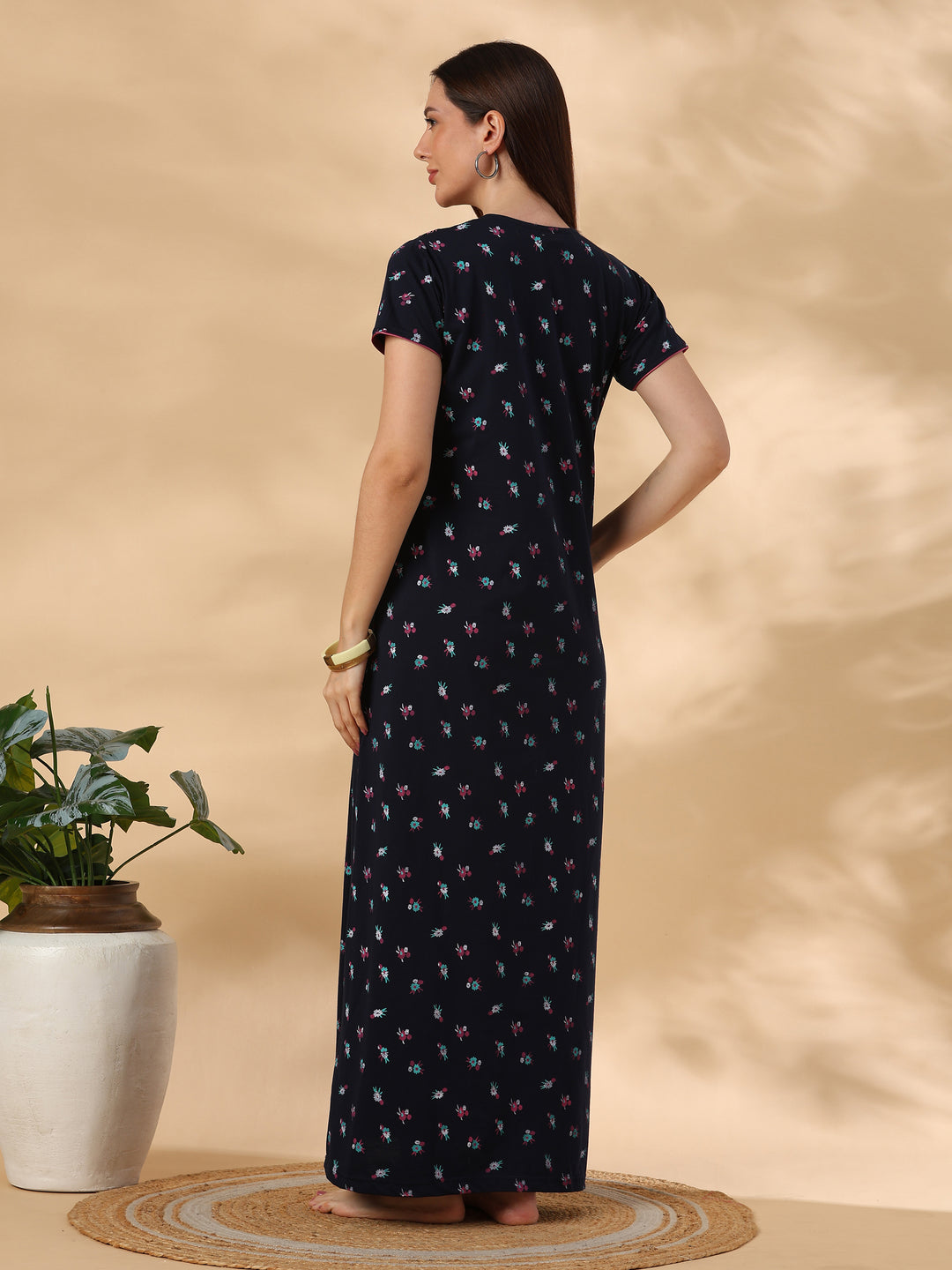 Ink Blue Floral Cotton Blend Designer Nighty for Women