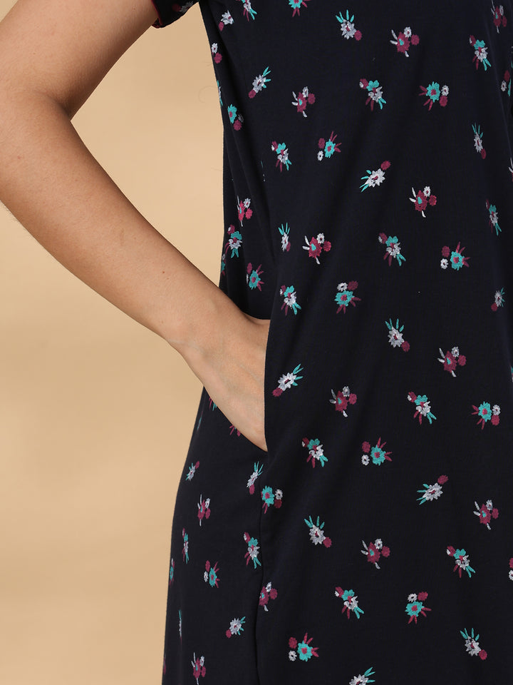 Ink Blue Floral Cotton Blend Designer Nighty for Women