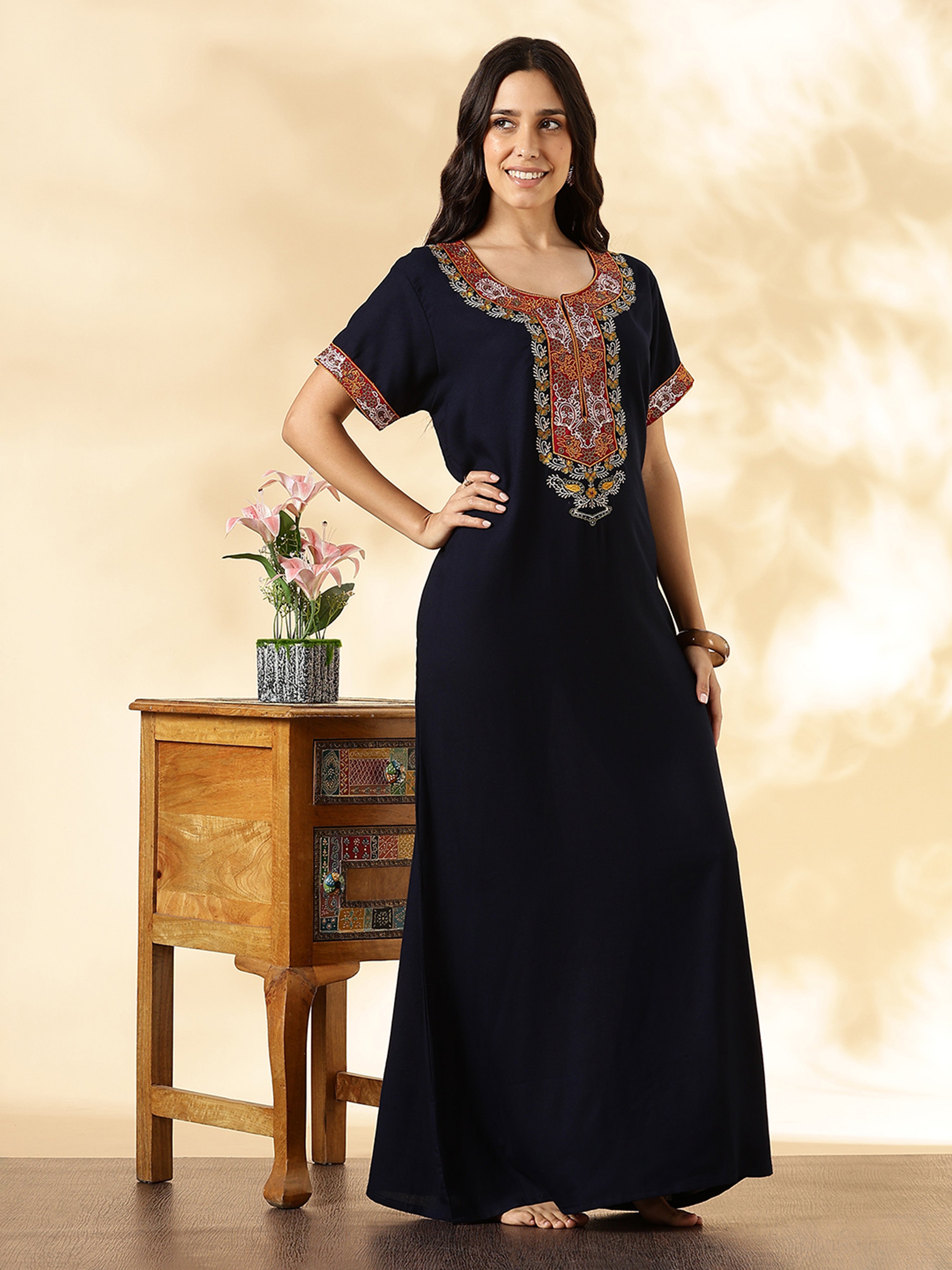 Classy Navy Blue Embroidered Cozy Alpine Nighties for Women