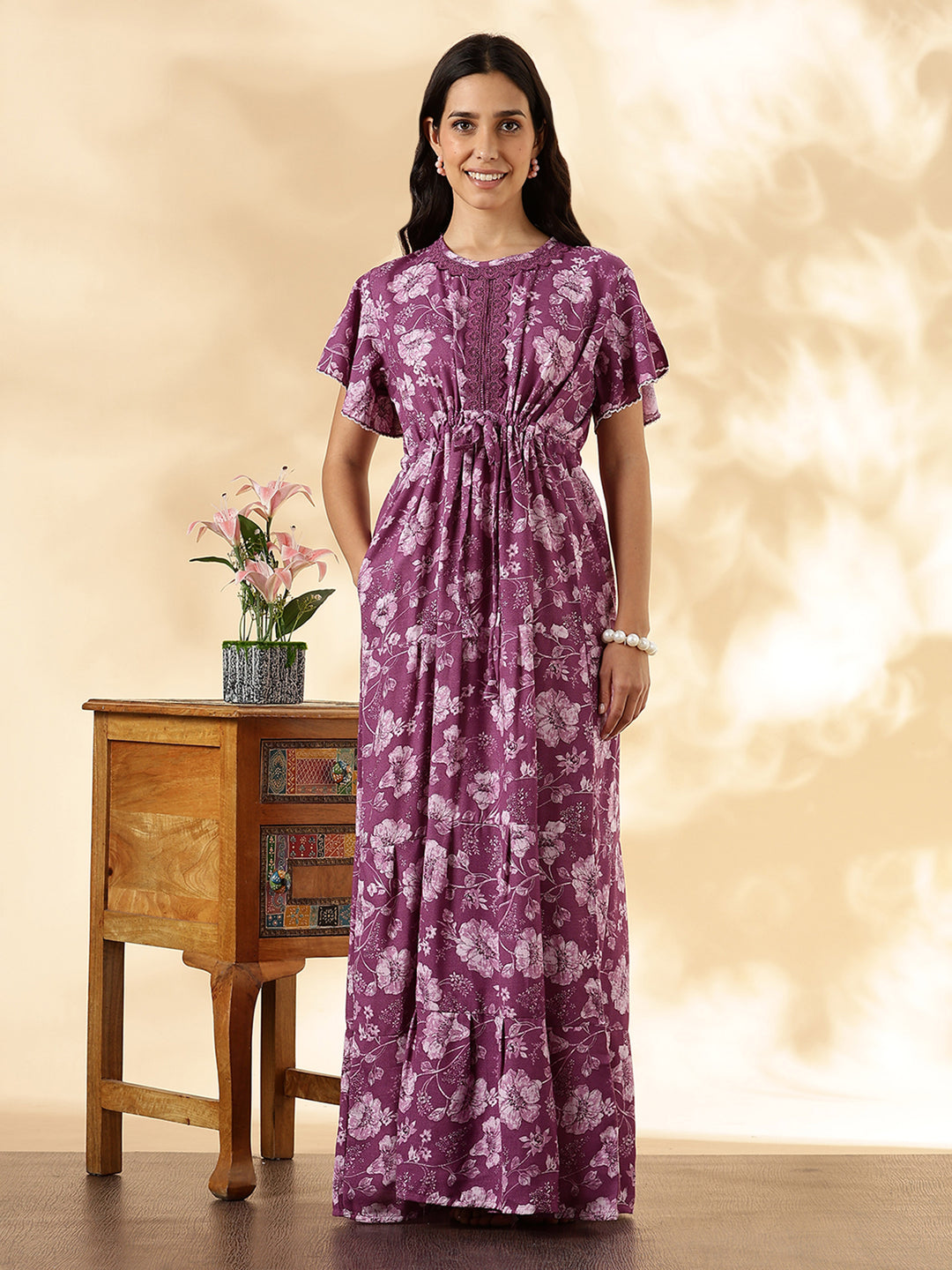 Orchid Purple Floral Alpine Nighty for Women Relaxed Fit