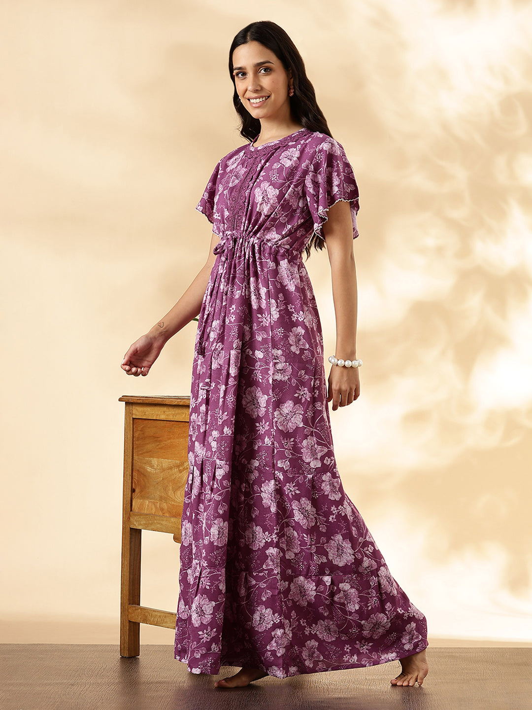 Orchid Purple Floral Alpine Nighty for Women Relaxed Fit