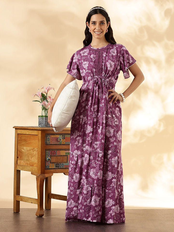 Orchid Purple Floral Alpine Nighty for Women Relaxed Fit