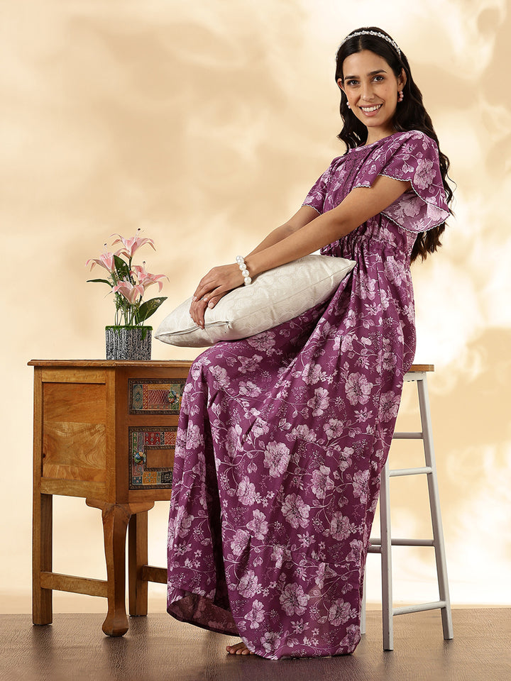 Orchid Purple Floral Alpine Nighty for Women Relaxed Fit