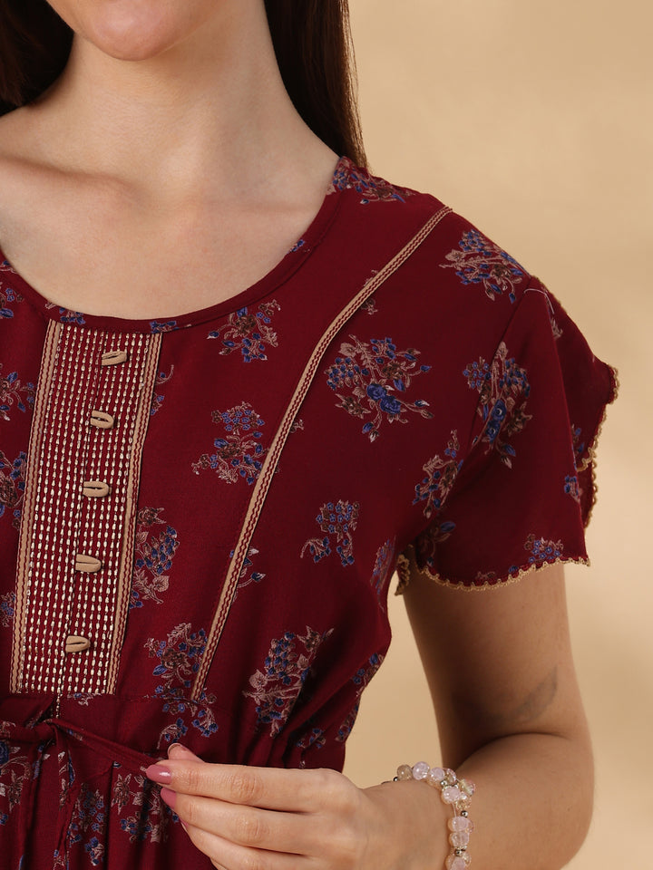 Blossom Maroon Alpine Designer Nighty for Women Relaxed Frock Style