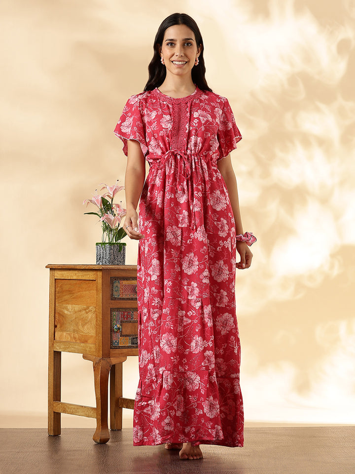 Salmon Red Floral Alpine Nighty for Women with Pocket