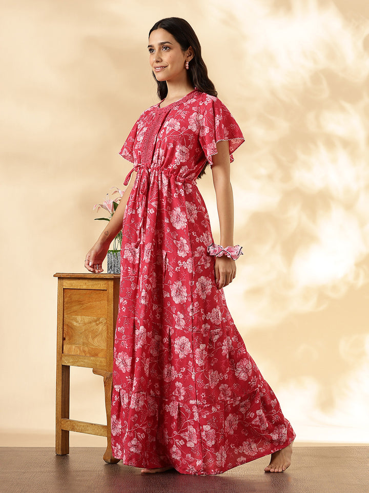 Salmon Red Floral Alpine Nighty for Women with Pocket