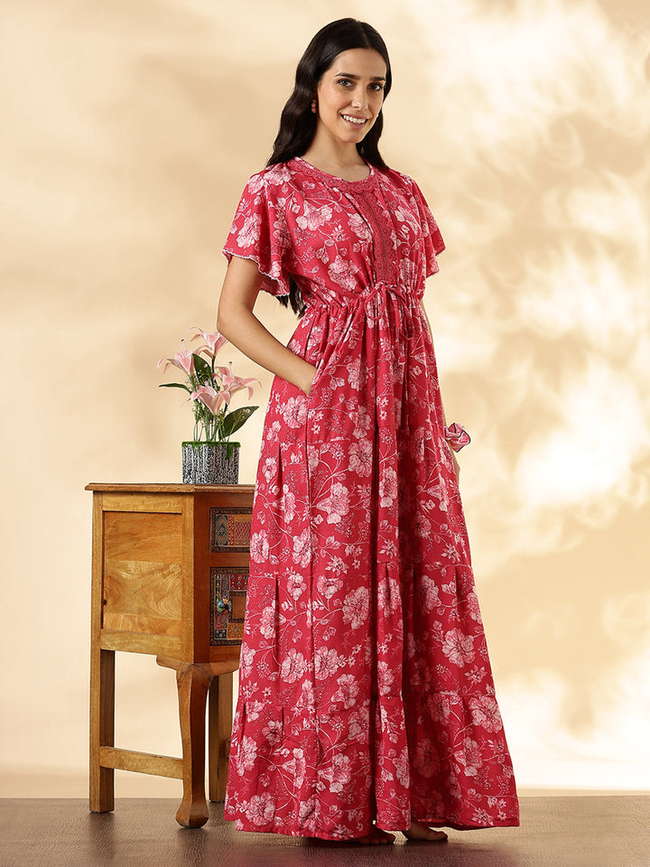 Salmon Red Floral Alpine Nighty for Women with Pocket