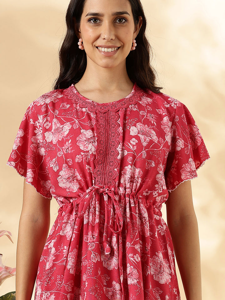 Salmon Red Floral Alpine Nighty for Women with Pocket